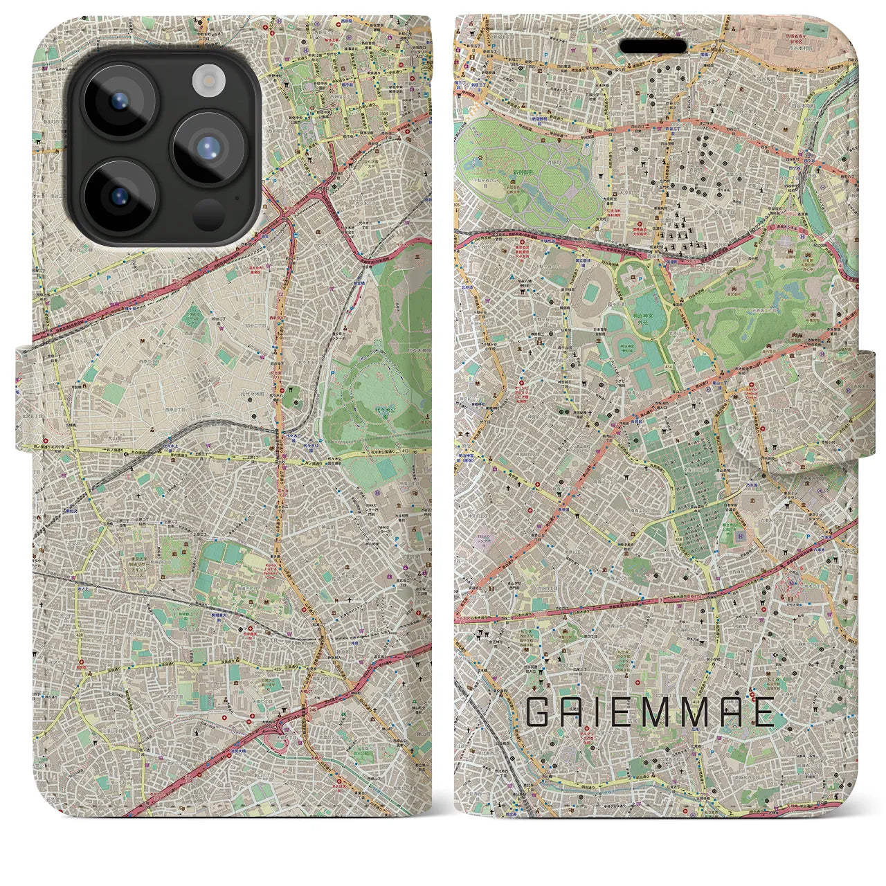 【外苑前】地図柄iPhoneケース（手帳両面タイプ・ナチュラル）iPhone 15 Pro Max 用