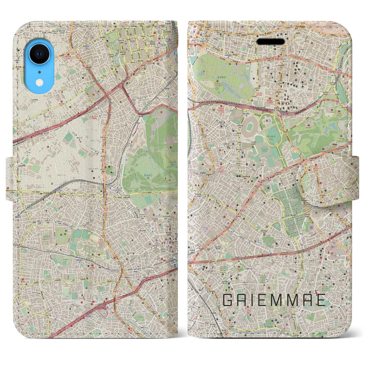 【外苑前】地図柄iPhoneケース（手帳両面タイプ・ナチュラル）iPhone XR 用