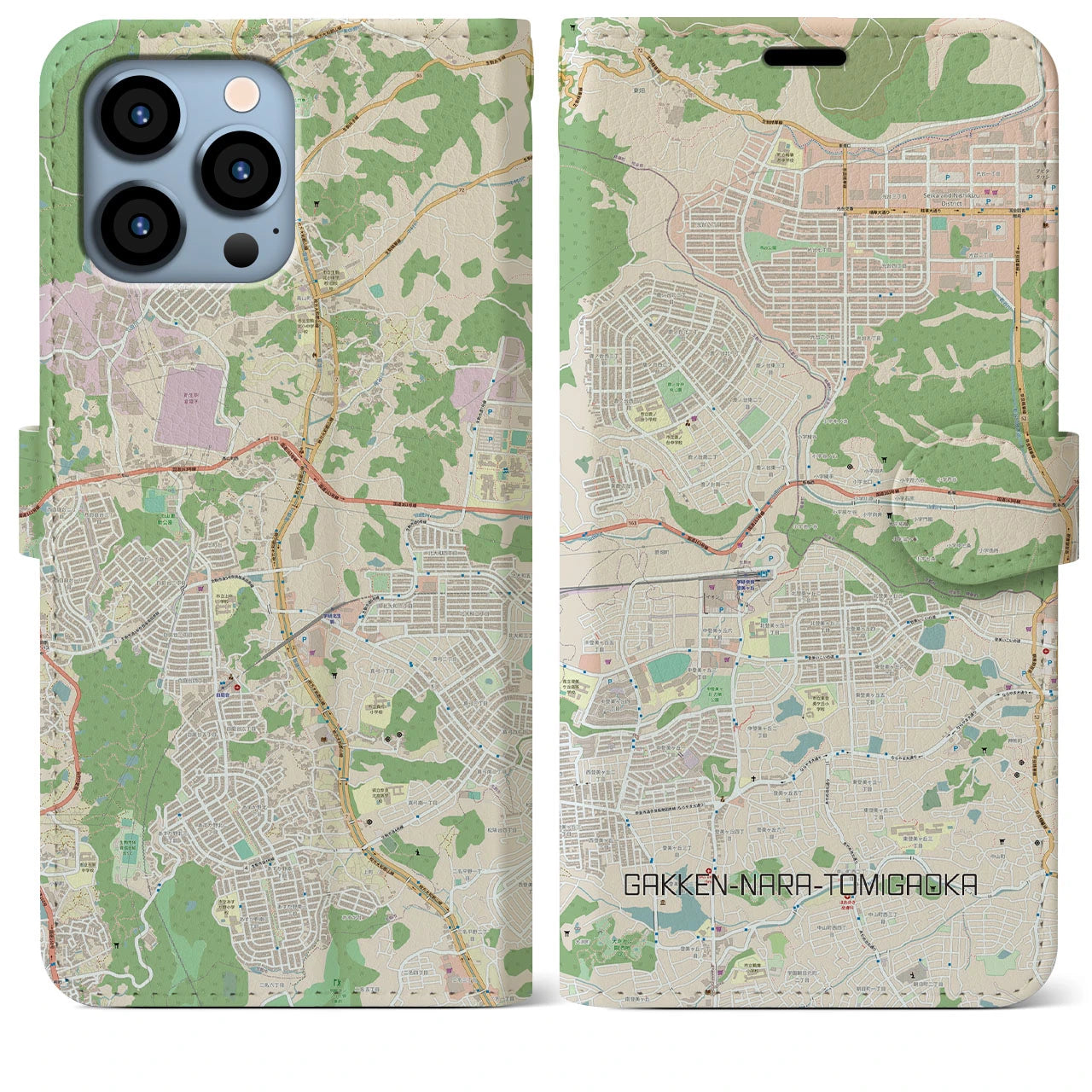 【学研奈良登美ヶ丘】地図柄iPhoneケース（手帳両面タイプ・ナチュラル）iPhone 13 Pro Max 用