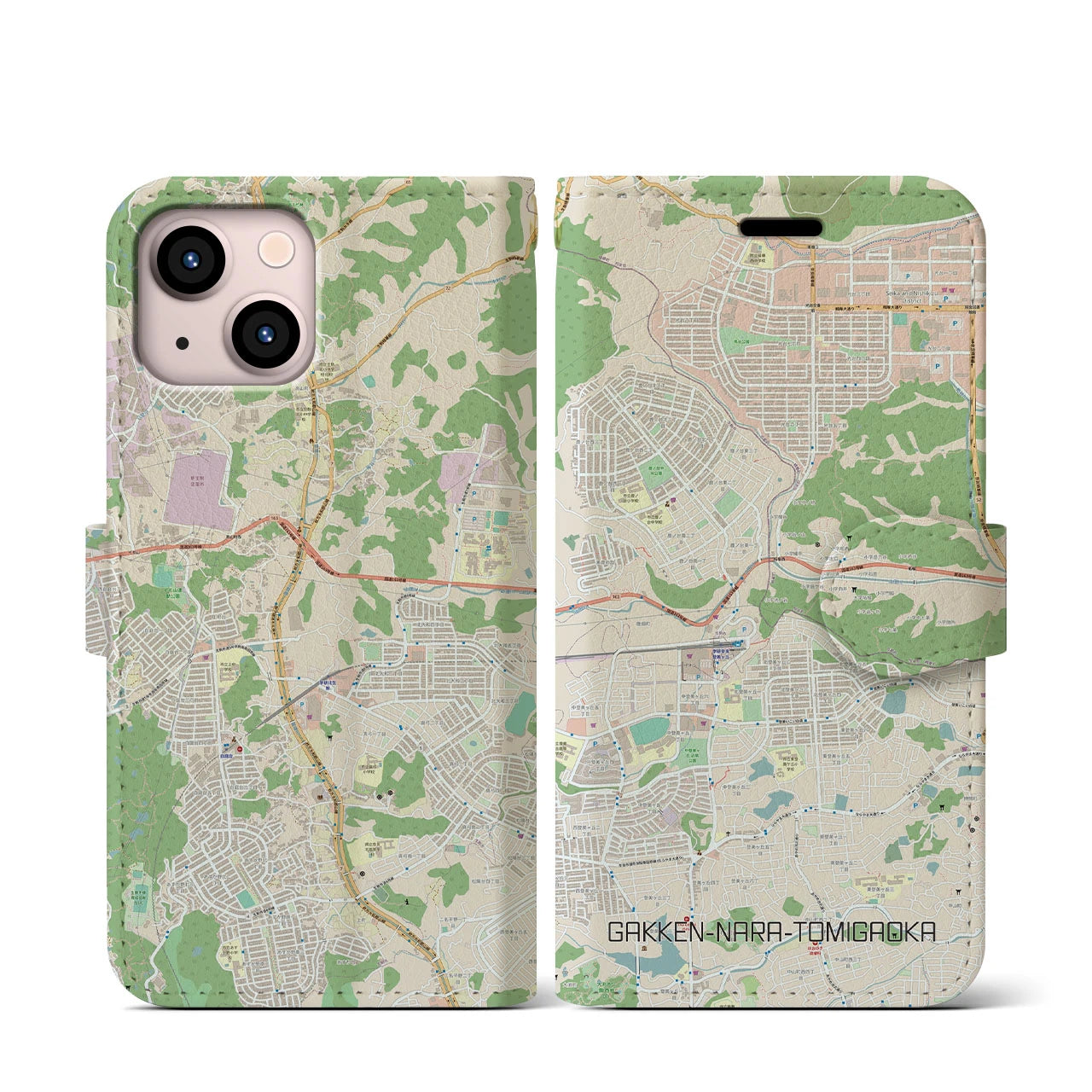【学研奈良登美ヶ丘】地図柄iPhoneケース（手帳両面タイプ・ナチュラル）iPhone 13 mini 用
