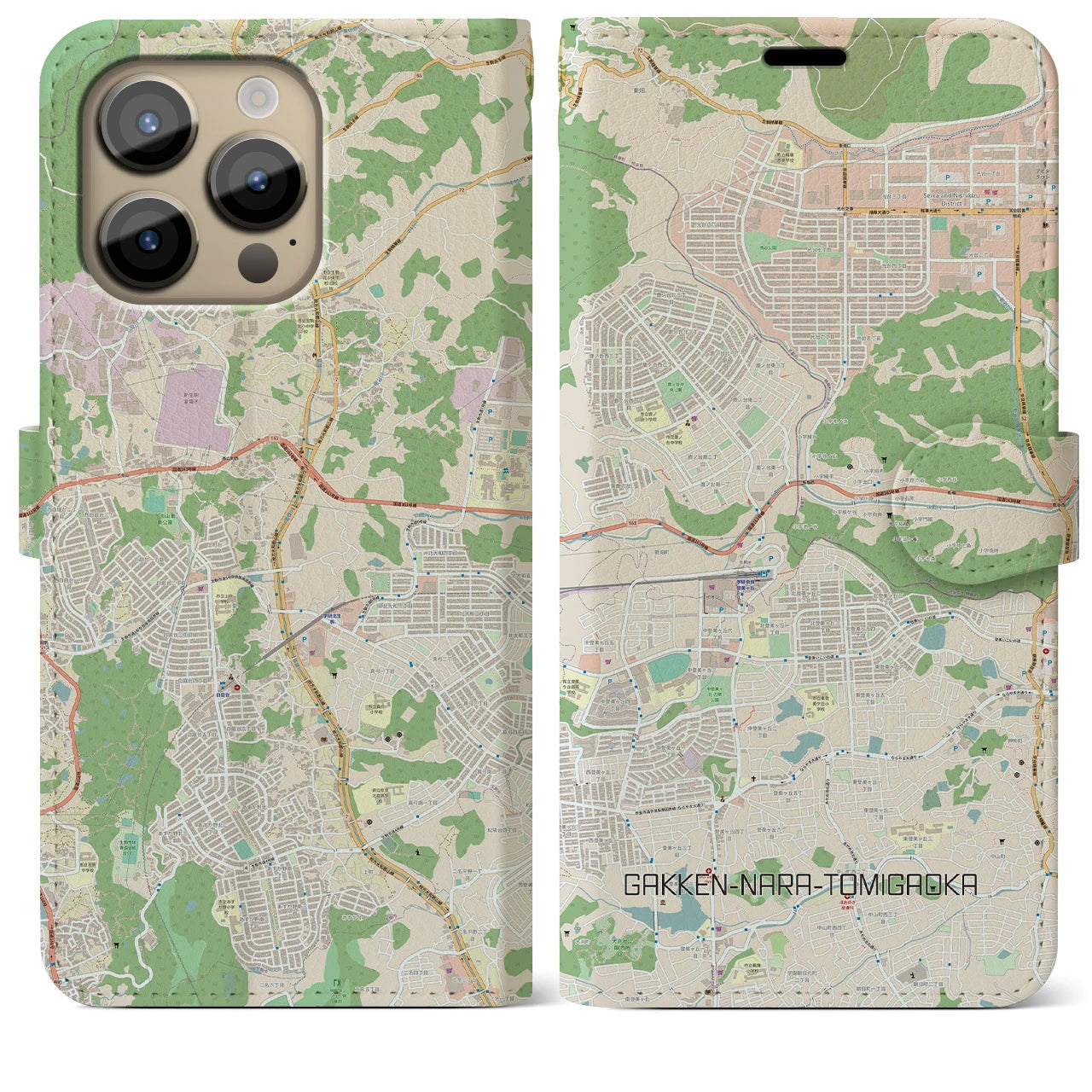 【学研奈良登美ヶ丘】地図柄iPhoneケース（手帳両面タイプ・ナチュラル）iPhone 14 Pro Max 用