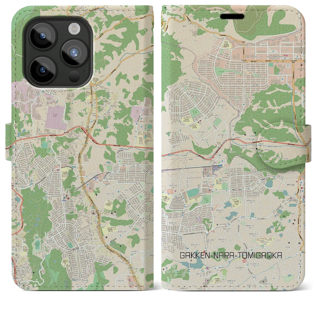 【学研奈良登美ヶ丘】地図柄iPhoneケース（手帳両面タイプ・ナチュラル）iPhone 15 Pro Max 用