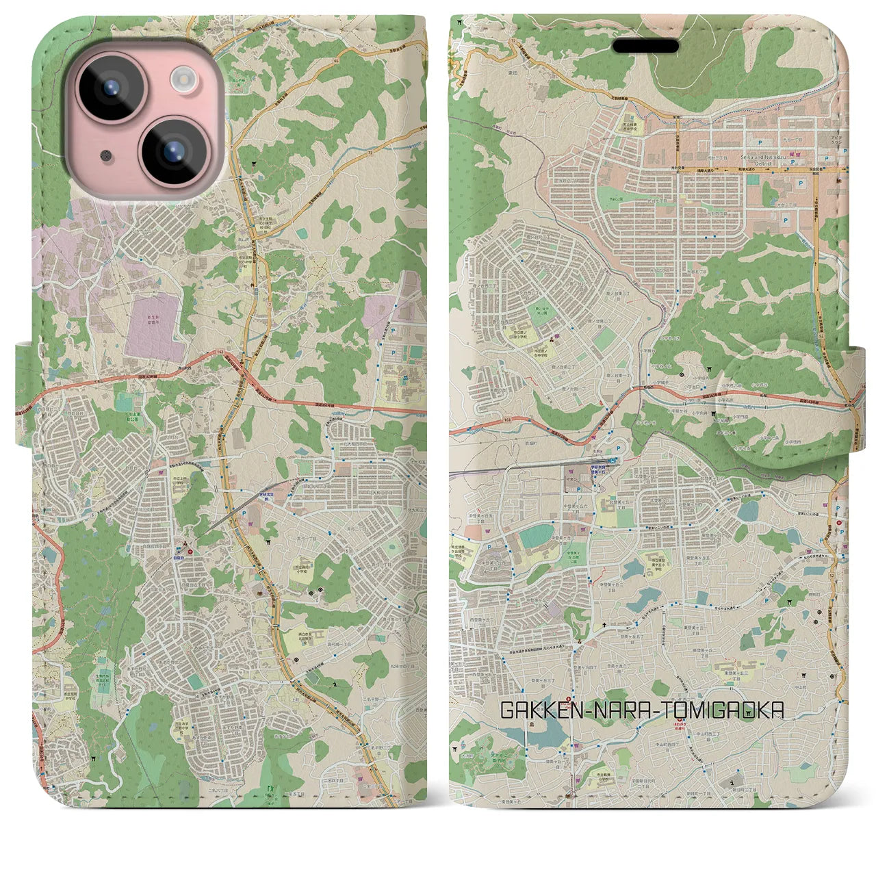 【学研奈良登美ヶ丘】地図柄iPhoneケース（手帳両面タイプ・ナチュラル）iPhone 15 Plus 用