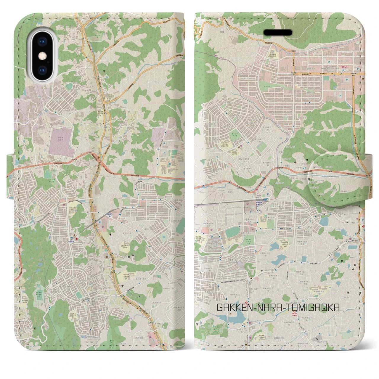 【学研奈良登美ヶ丘】地図柄iPhoneケース（手帳両面タイプ・ナチュラル）iPhone XS Max 用