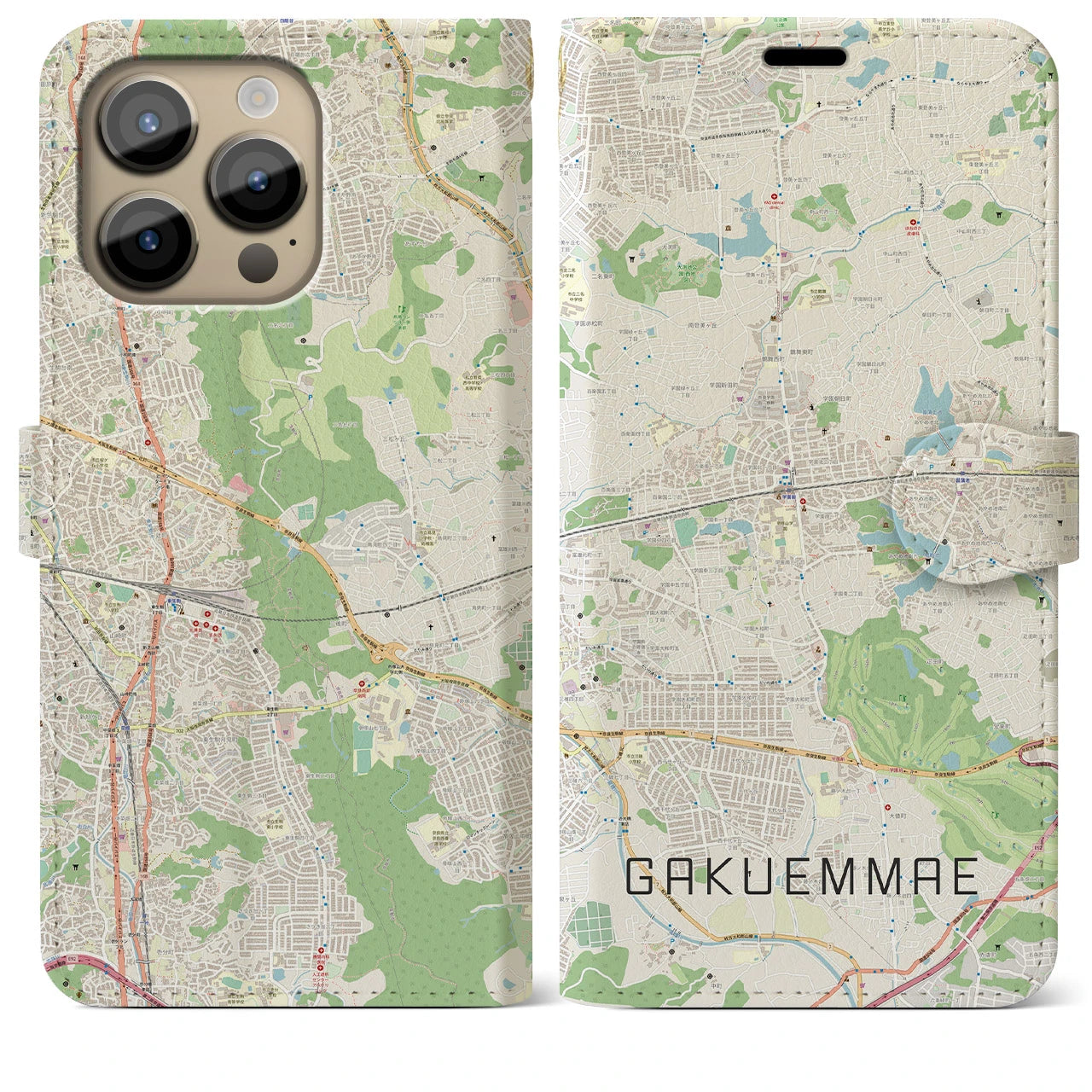 【学園前】地図柄iPhoneケース（手帳両面タイプ・ナチュラル）iPhone 14 Pro Max 用