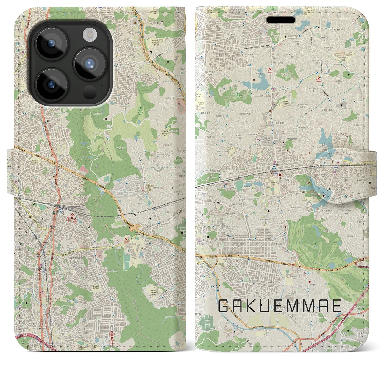 【学園前（奈良県）】地図柄iPhoneケース（手帳タイプ）ナチュラル・iPhone 15 Pro Max 用