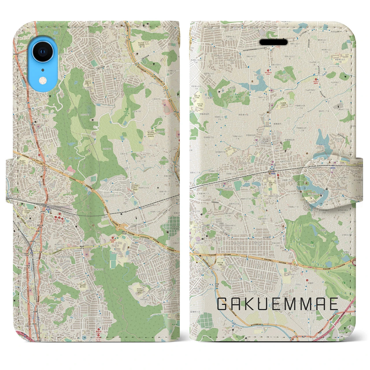 【学園前】地図柄iPhoneケース（手帳両面タイプ・ナチュラル）iPhone XR 用