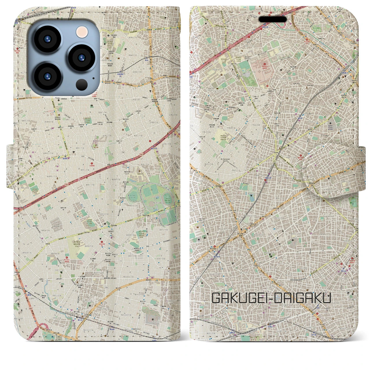 【学芸大学】地図柄iPhoneケース（手帳両面タイプ・ナチュラル）iPhone 13 Pro Max 用