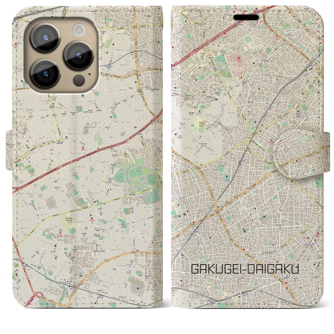 【学芸大学】地図柄iPhoneケース（手帳両面タイプ・ナチュラル）iPhone 14 Pro Max 用