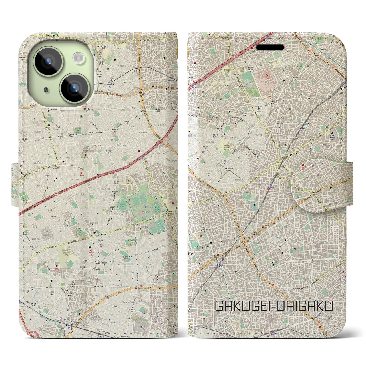 【学芸大学】地図柄iPhoneケース（手帳両面タイプ・ナチュラル）iPhone 15 用