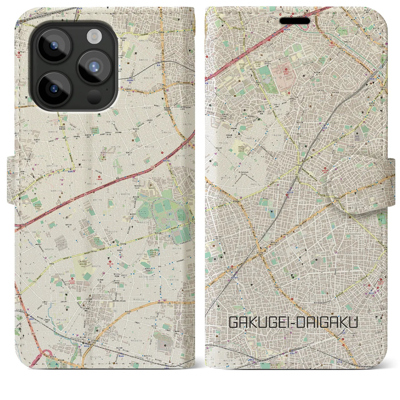 【学芸大学】地図柄iPhoneケース（手帳両面タイプ・ナチュラル）iPhone 15 Pro Max 用