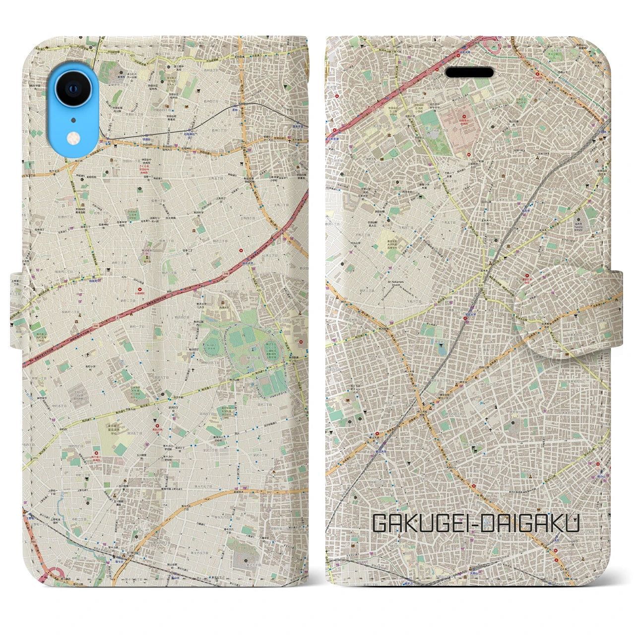 【学芸大学】地図柄iPhoneケース（手帳両面タイプ・ナチュラル）iPhone XR 用