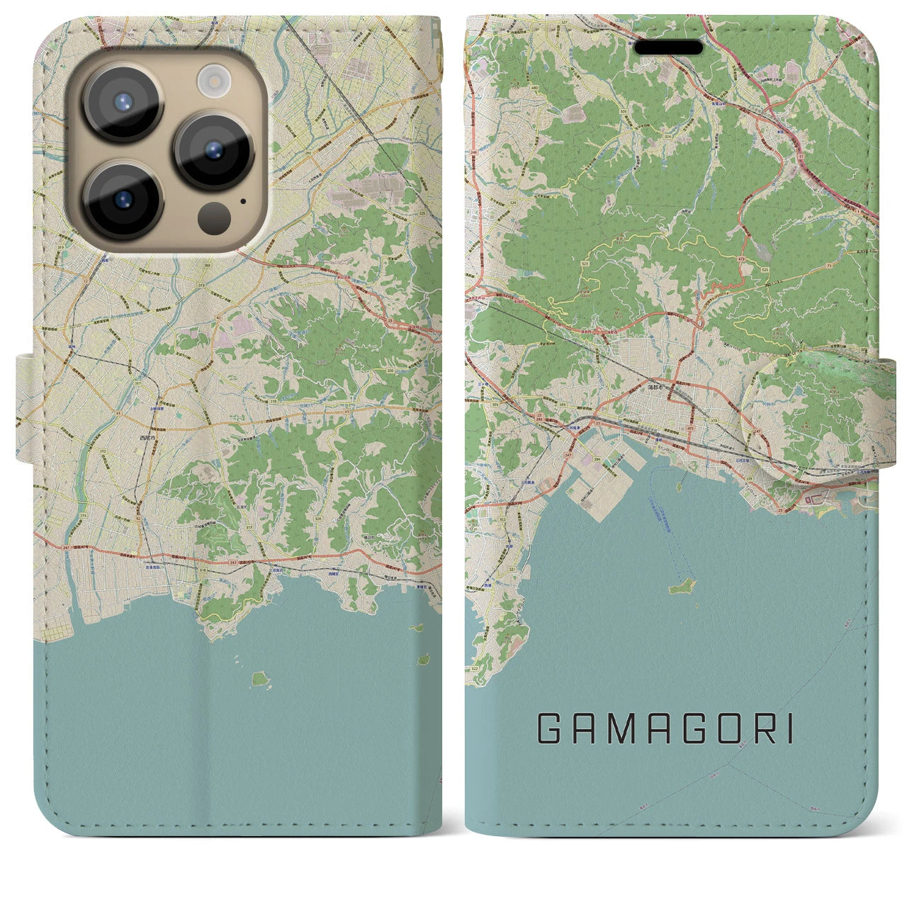 【蒲郡】地図柄iPhoneケース（手帳両面タイプ・ナチュラル）iPhone 14 Pro Max 用