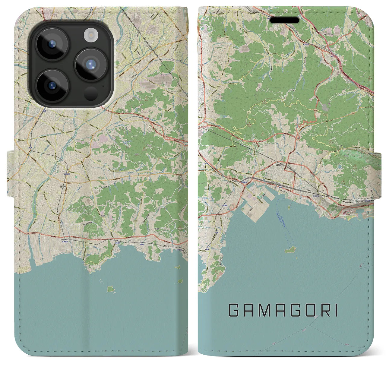 【蒲郡】地図柄iPhoneケース（手帳両面タイプ・ナチュラル）iPhone 15 Pro Max 用