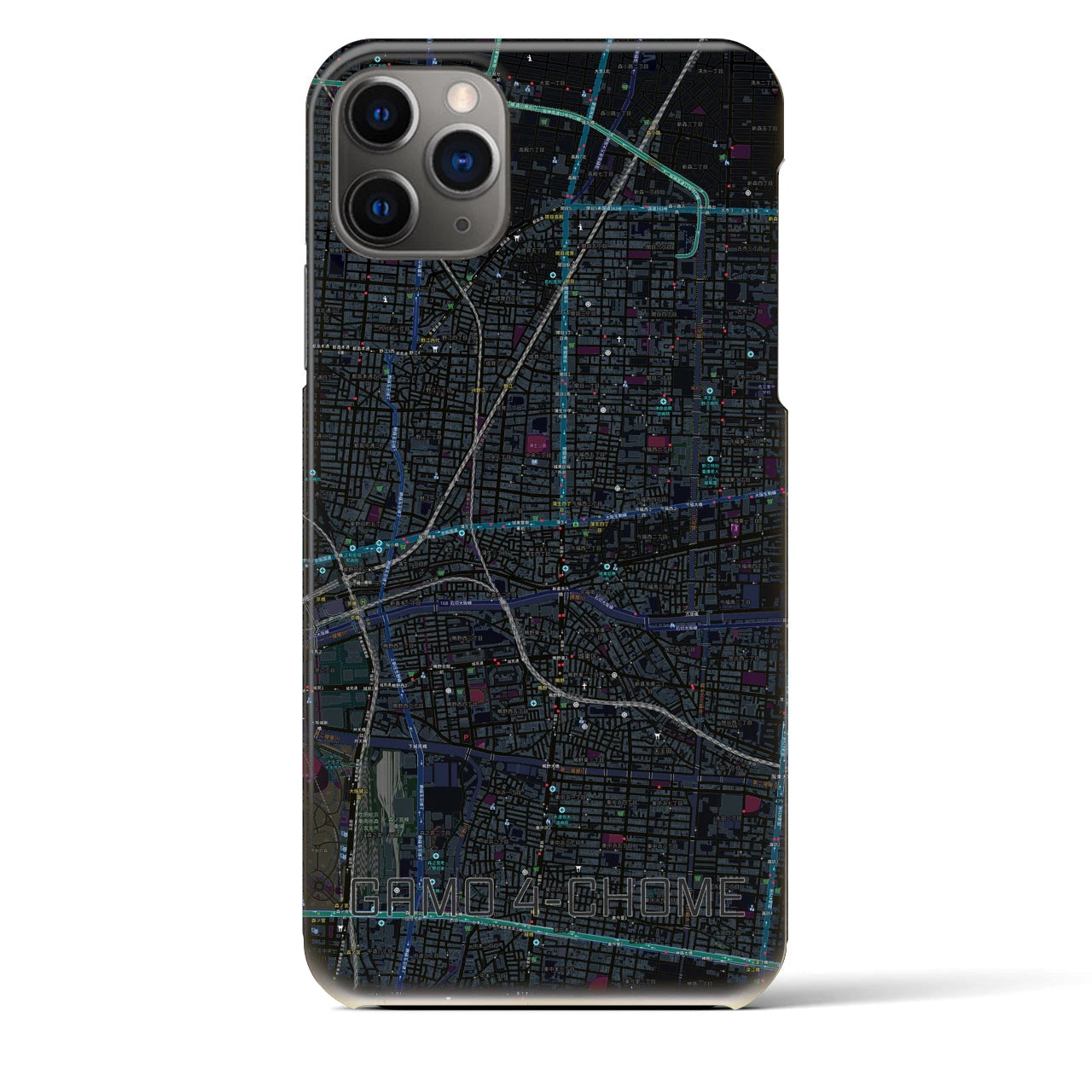 【蒲生四丁目】地図柄iPhoneケース（バックカバータイプ・ブラック）iPhone 11 Pro Max 用