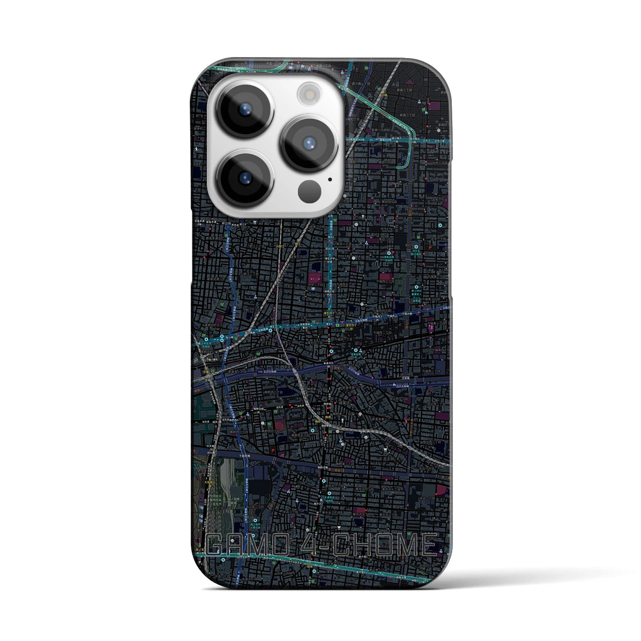 【蒲生四丁目】地図柄iPhoneケース（バックカバータイプ・ブラック）iPhone 14 Pro 用