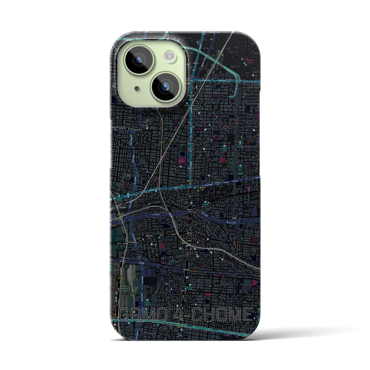 【蒲生四丁目】地図柄iPhoneケース（バックカバータイプ・ブラック）iPhone 15 用