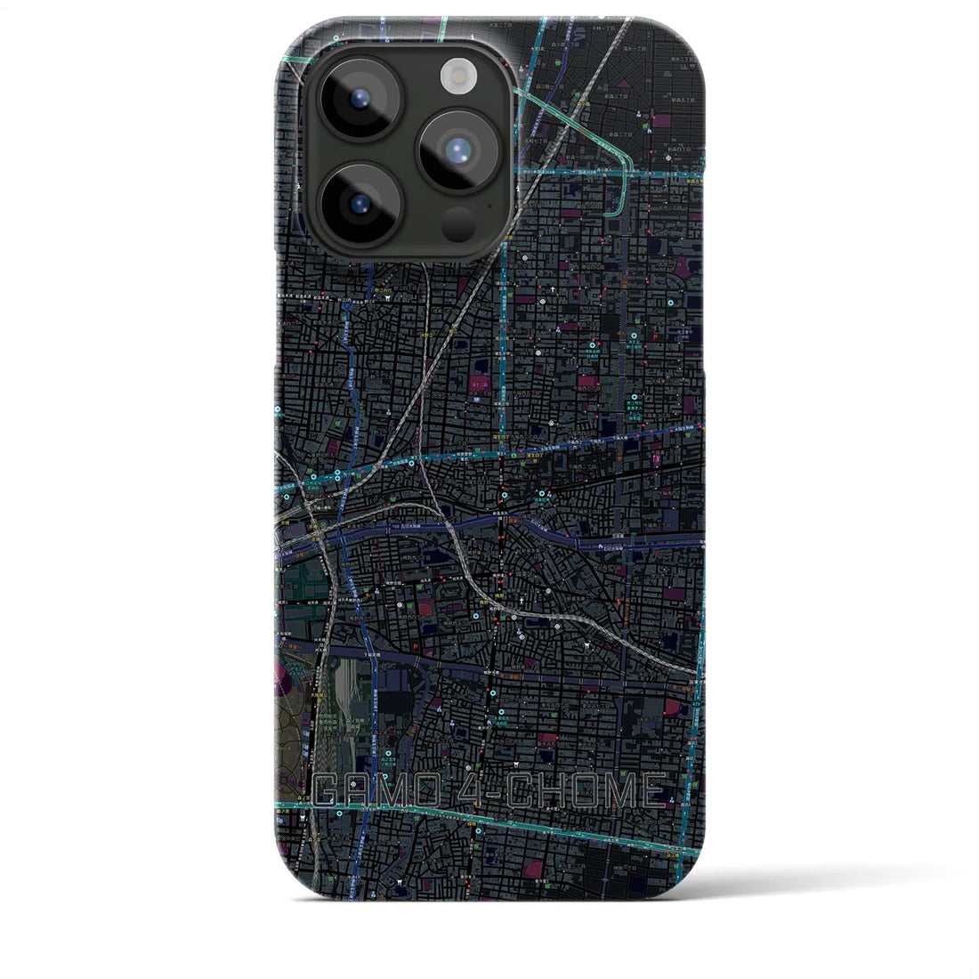 【蒲生四丁目】地図柄iPhoneケース（バックカバータイプ・ブラック）iPhone 15 Pro Max 用