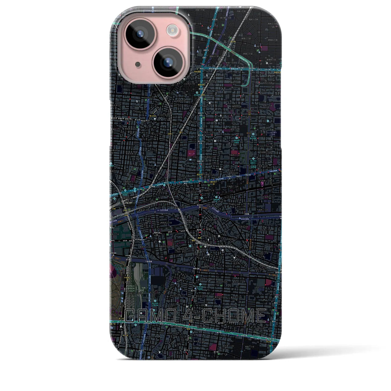 【蒲生四丁目】地図柄iPhoneケース（バックカバータイプ・ブラック）iPhone 15 Plus 用