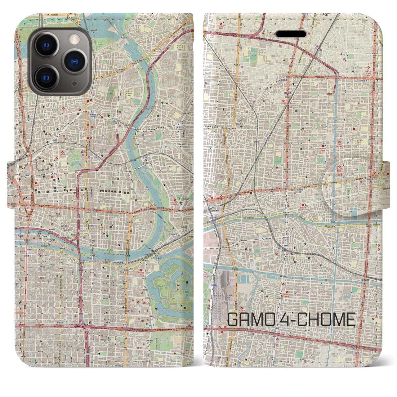 【蒲生四丁目】地図柄iPhoneケース（手帳両面タイプ・ナチュラル）iPhone 11 Pro Max 用