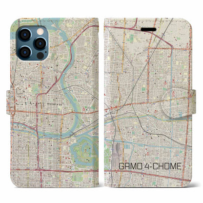 【蒲生四丁目（大阪府）】地図柄iPhoneケース（手帳タイプ）ナチュラル・iPhone 12 / 12 Pro 用