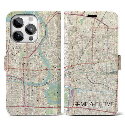 【蒲生四丁目（大阪府）】地図柄iPhoneケース（手帳タイプ）ナチュラル・iPhone 14 Pro 用