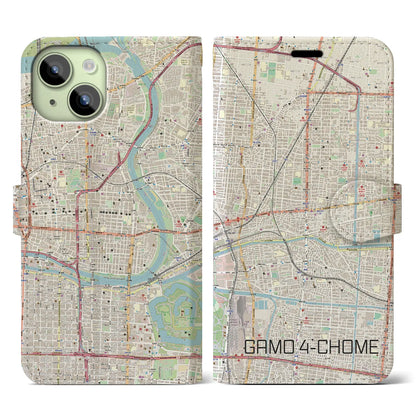 【蒲生四丁目（大阪府）】地図柄iPhoneケース（手帳タイプ）ナチュラル・iPhone 15 用