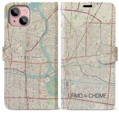 【蒲生四丁目（大阪府）】地図柄iPhoneケース（手帳タイプ）ナチュラル・iPhone 15 Plus 用