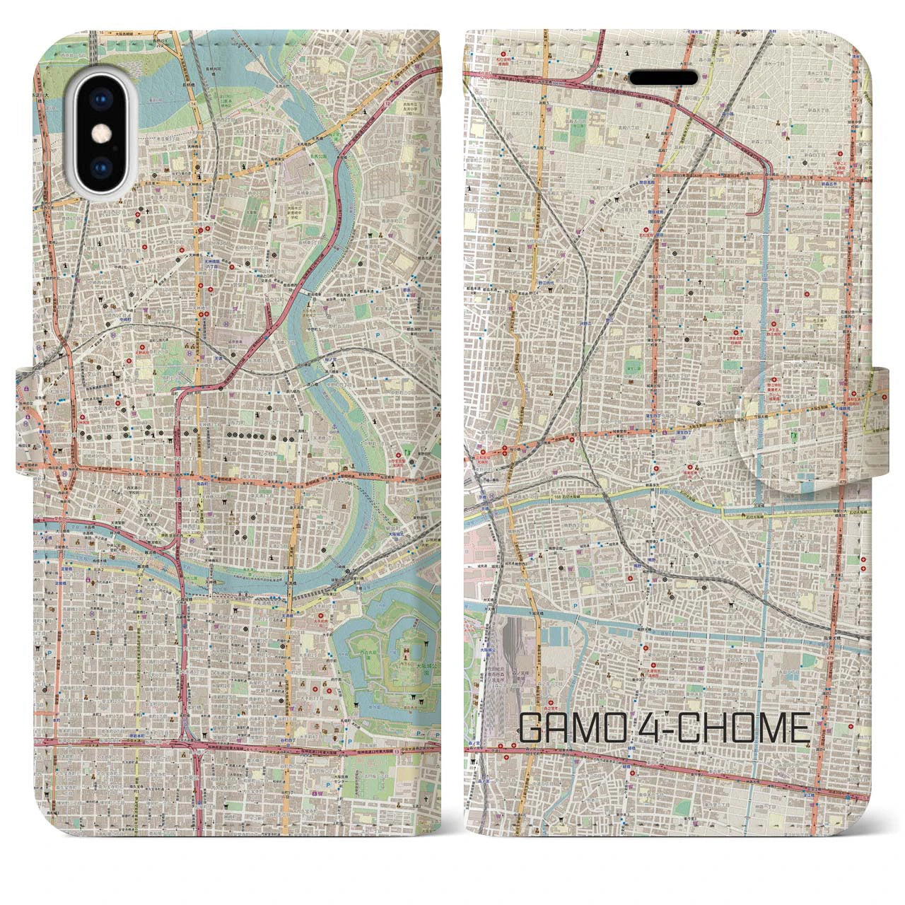 【蒲生四丁目】地図柄iPhoneケース（手帳両面タイプ・ナチュラル）iPhone XS Max 用