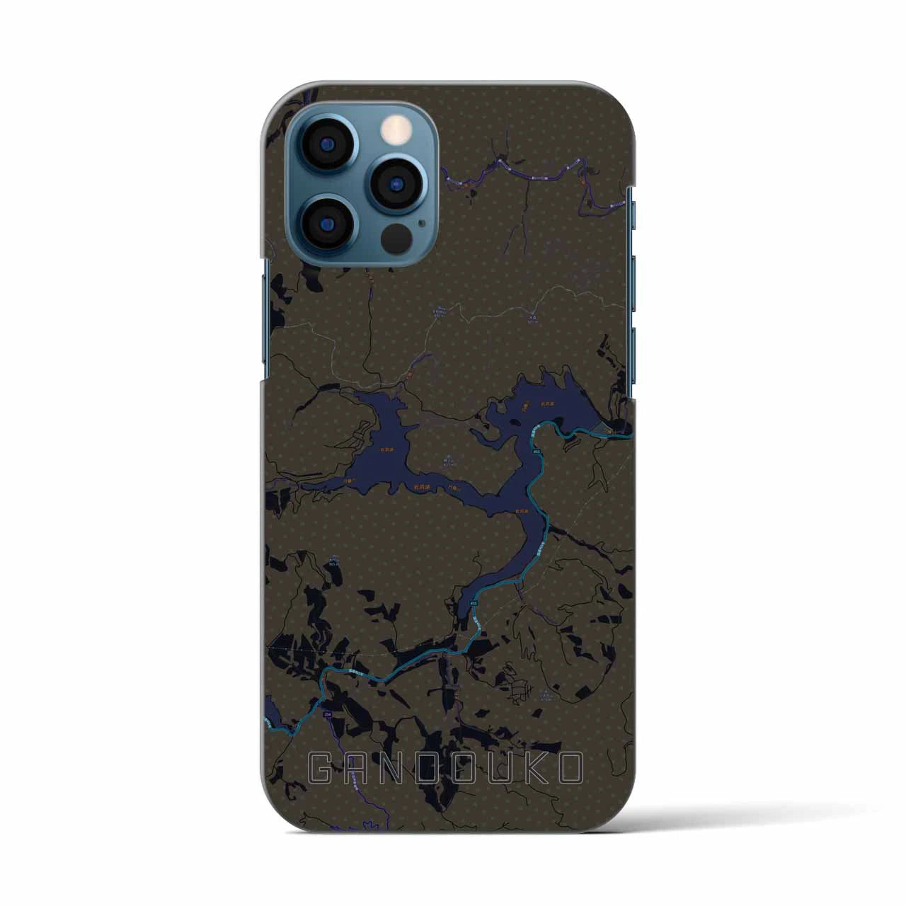 【岩洞湖】地図柄iPhoneケース（バックカバータイプ・ブラック）iPhone 12 / 12 Pro 用