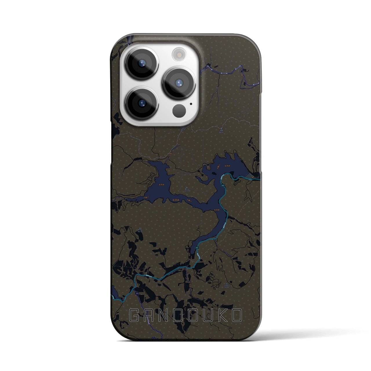 【岩洞湖】地図柄iPhoneケース（バックカバータイプ・ブラック）iPhone 14 Pro 用