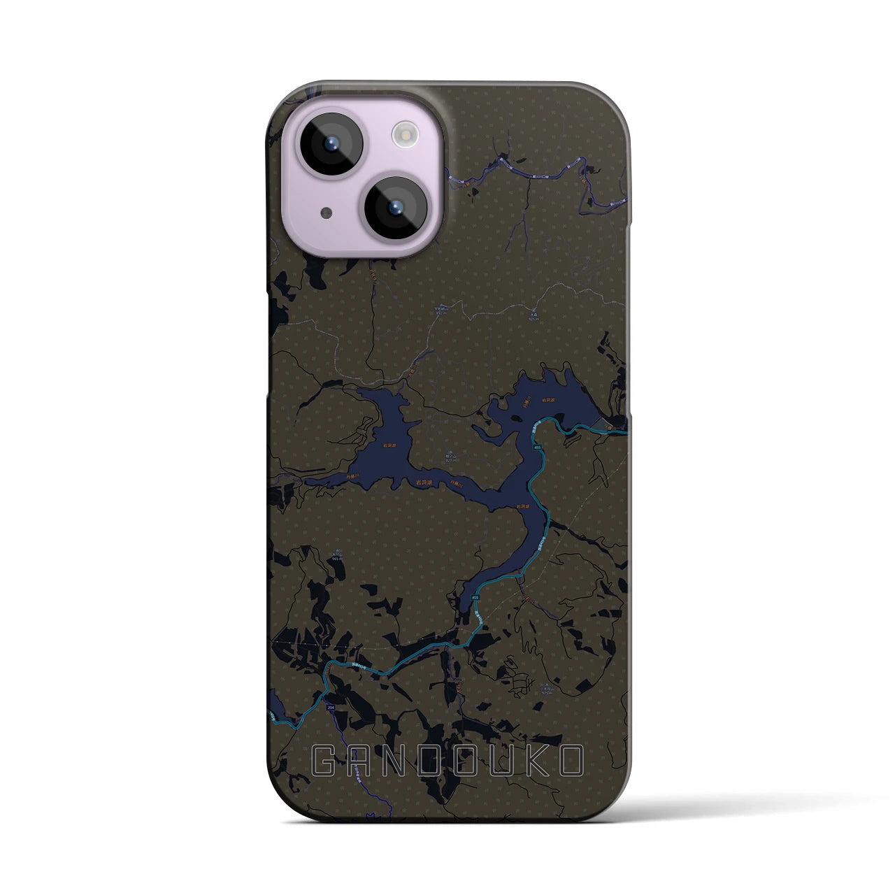 【岩洞湖】地図柄iPhoneケース（バックカバータイプ・ブラック）iPhone 14 用