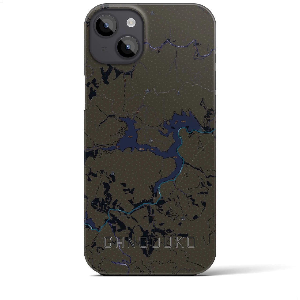 【岩洞湖】地図柄iPhoneケース（バックカバータイプ・ブラック）iPhone 14 Plus 用