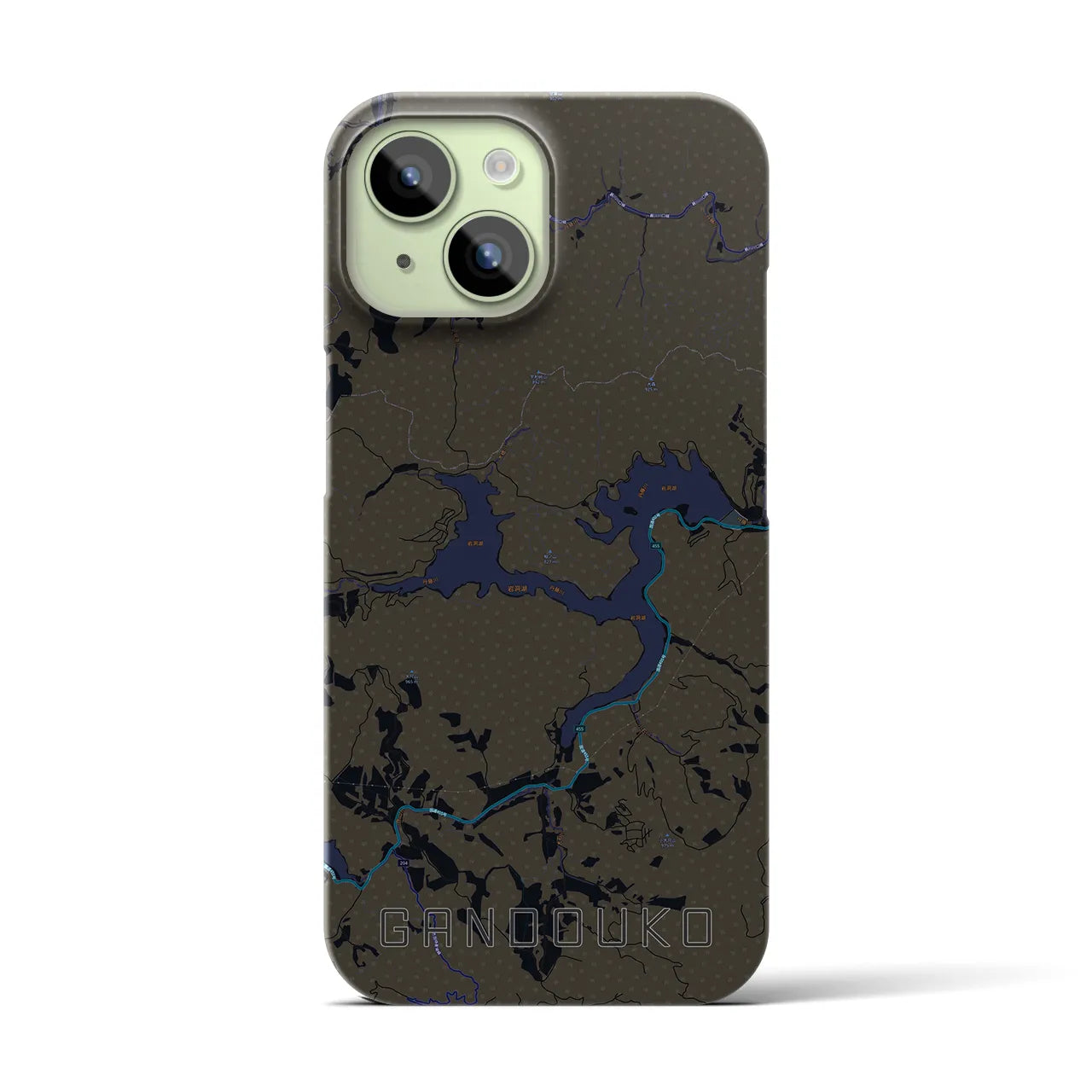 【岩洞湖】地図柄iPhoneケース（バックカバータイプ・ブラック）iPhone 15 用