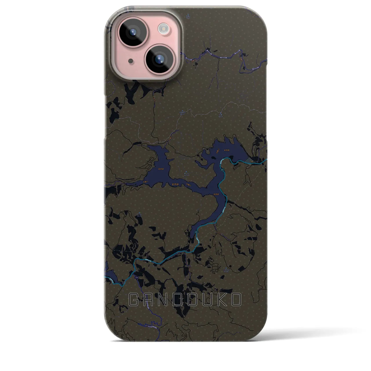 【岩洞湖】地図柄iPhoneケース（バックカバータイプ・ブラック）iPhone 15 Plus 用