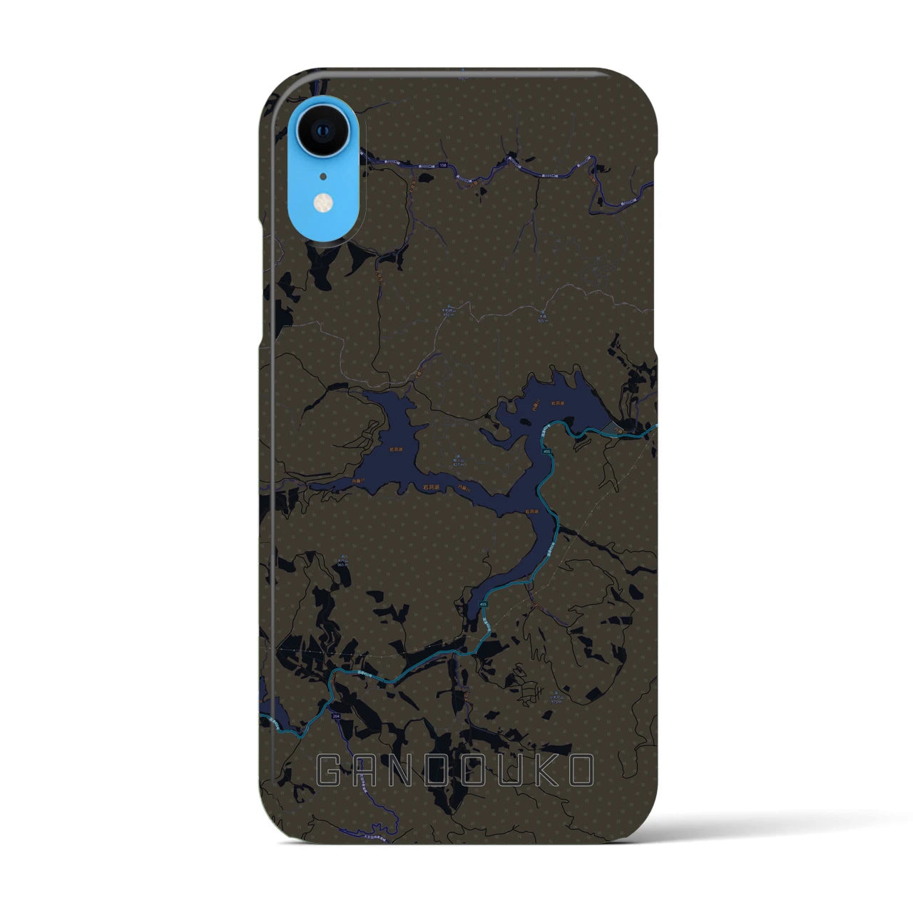 【岩洞湖】地図柄iPhoneケース（バックカバータイプ・ブラック）iPhone XR 用