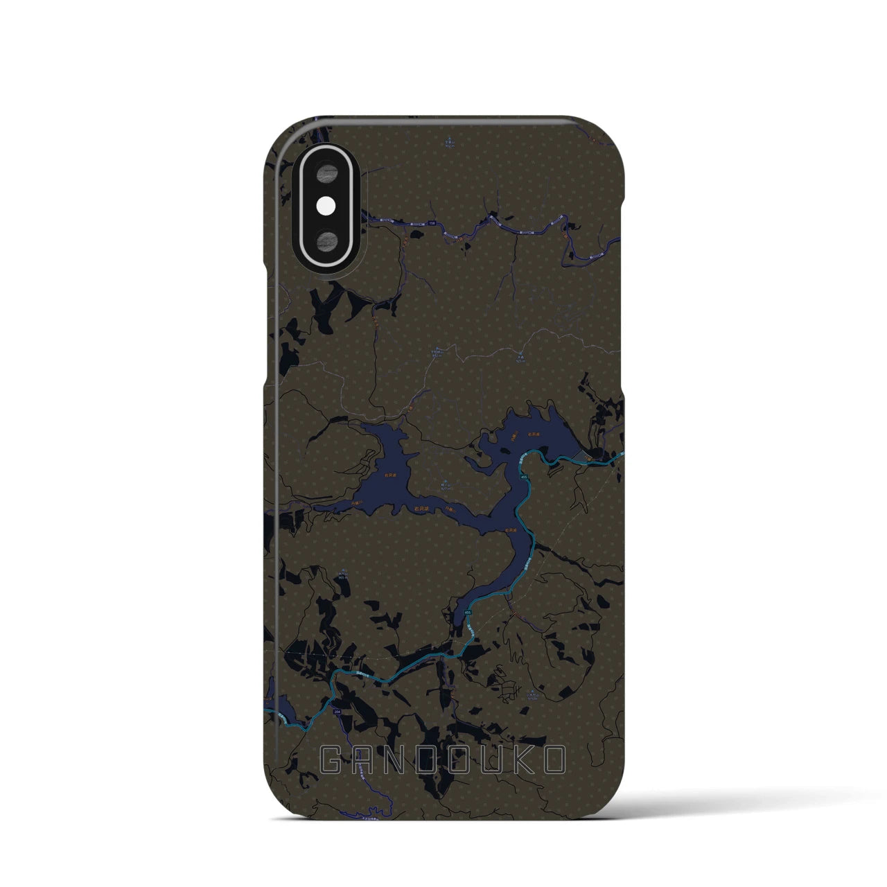 【岩洞湖】地図柄iPhoneケース（バックカバータイプ・ブラック）iPhone XS / X 用