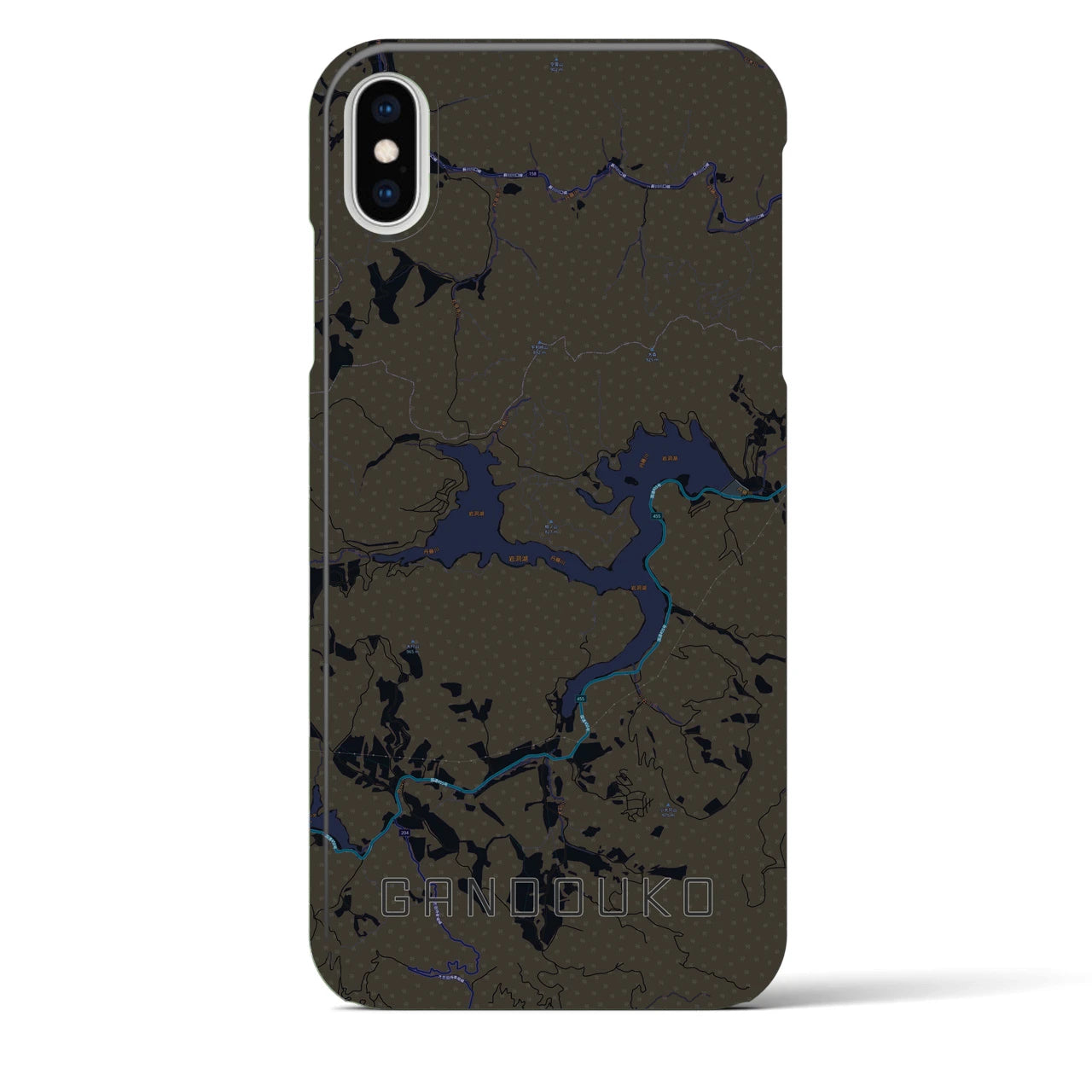 【岩洞湖】地図柄iPhoneケース（バックカバータイプ・ブラック）iPhone XS Max 用