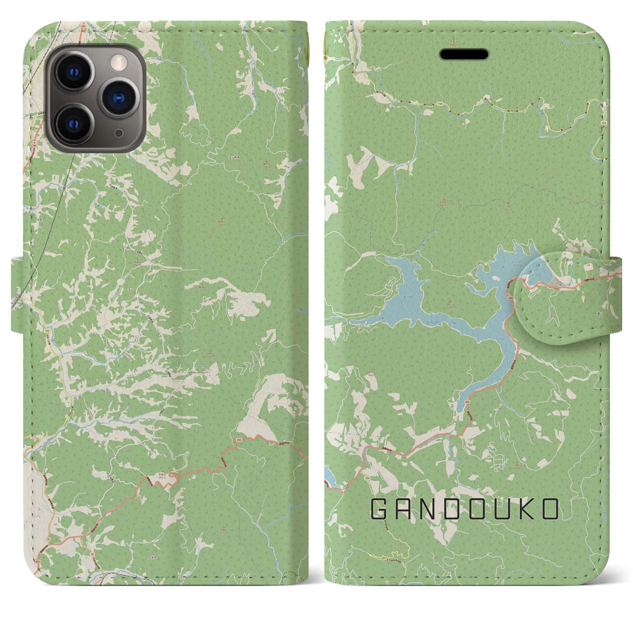 【岩洞湖】地図柄iPhoneケース（手帳両面タイプ・ナチュラル）iPhone 11 Pro Max 用