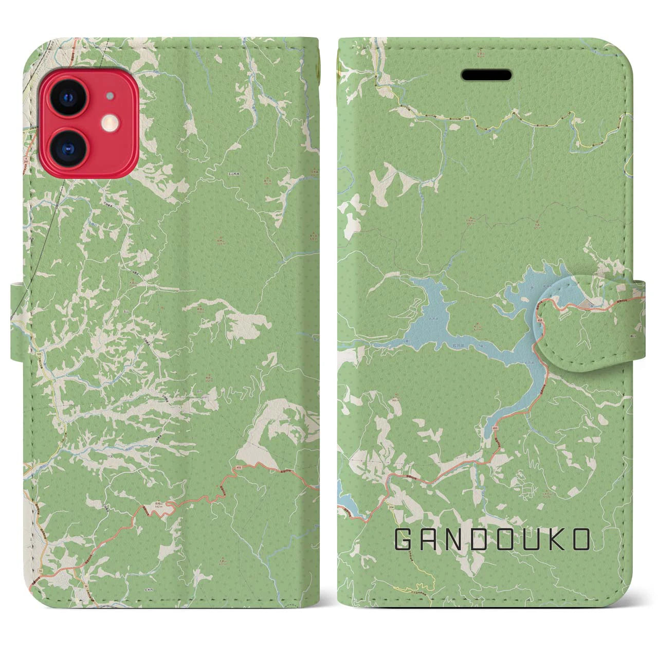 【岩洞湖】地図柄iPhoneケース（手帳両面タイプ・ナチュラル）iPhone 11 用