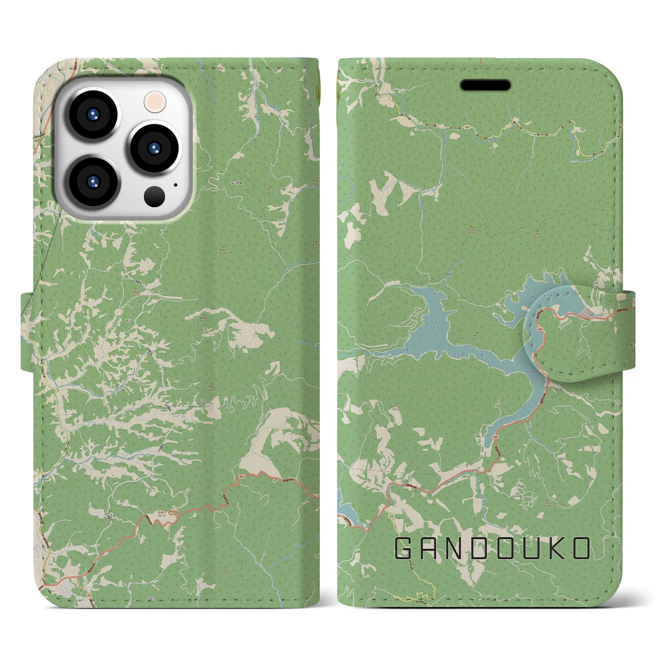 【岩洞湖】地図柄iPhoneケース（手帳両面タイプ・ナチュラル）iPhone 13 Pro 用