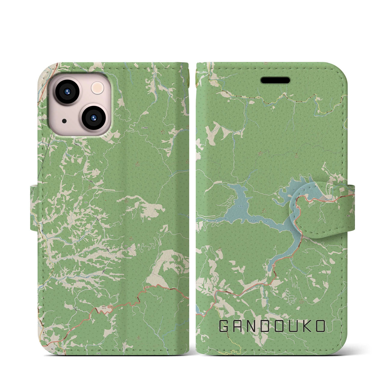 【岩洞湖】地図柄iPhoneケース（手帳両面タイプ・ナチュラル）iPhone 13 mini 用