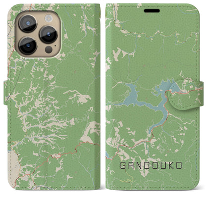 【岩洞湖（岩手県）】地図柄iPhoneケース（手帳タイプ）ナチュラル・iPhone 14 Pro Max 用