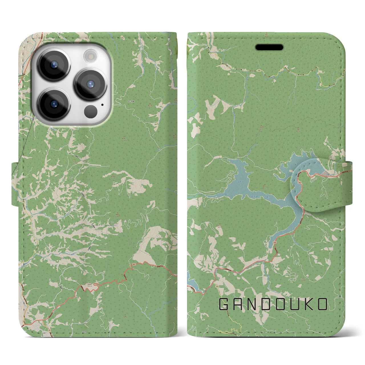 【岩洞湖】地図柄iPhoneケース（手帳両面タイプ・ナチュラル）iPhone 14 Pro 用