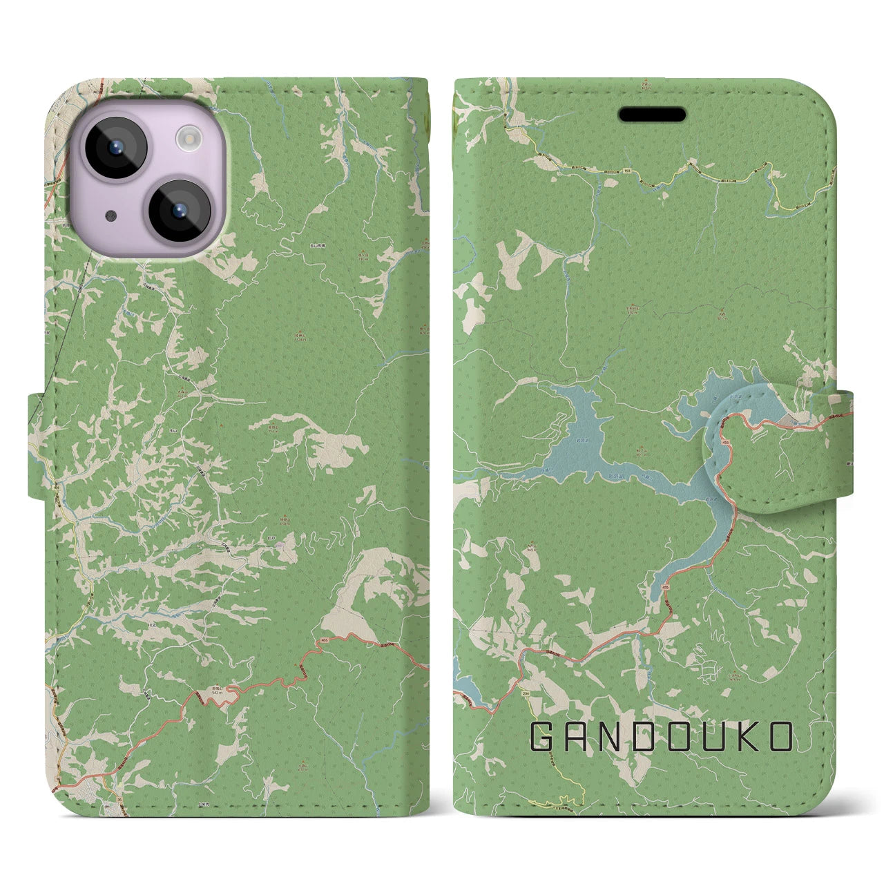 【岩洞湖】地図柄iPhoneケース（手帳両面タイプ・ナチュラル）iPhone 14 用