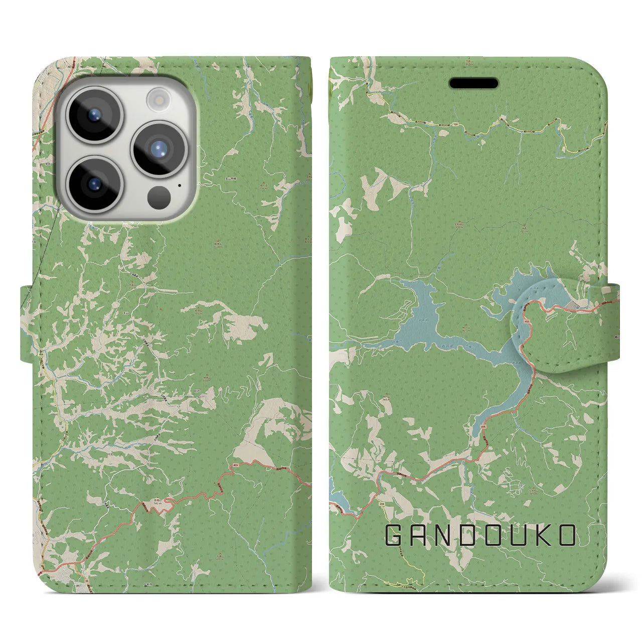 【岩洞湖】地図柄iPhoneケース（手帳両面タイプ・ナチュラル）iPhone 15 Pro 用