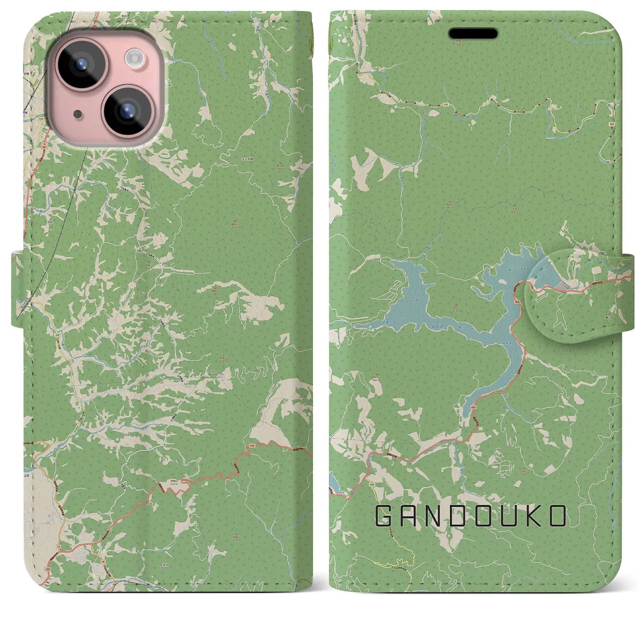 【岩洞湖】地図柄iPhoneケース（手帳両面タイプ・ナチュラル）iPhone 15 Plus 用