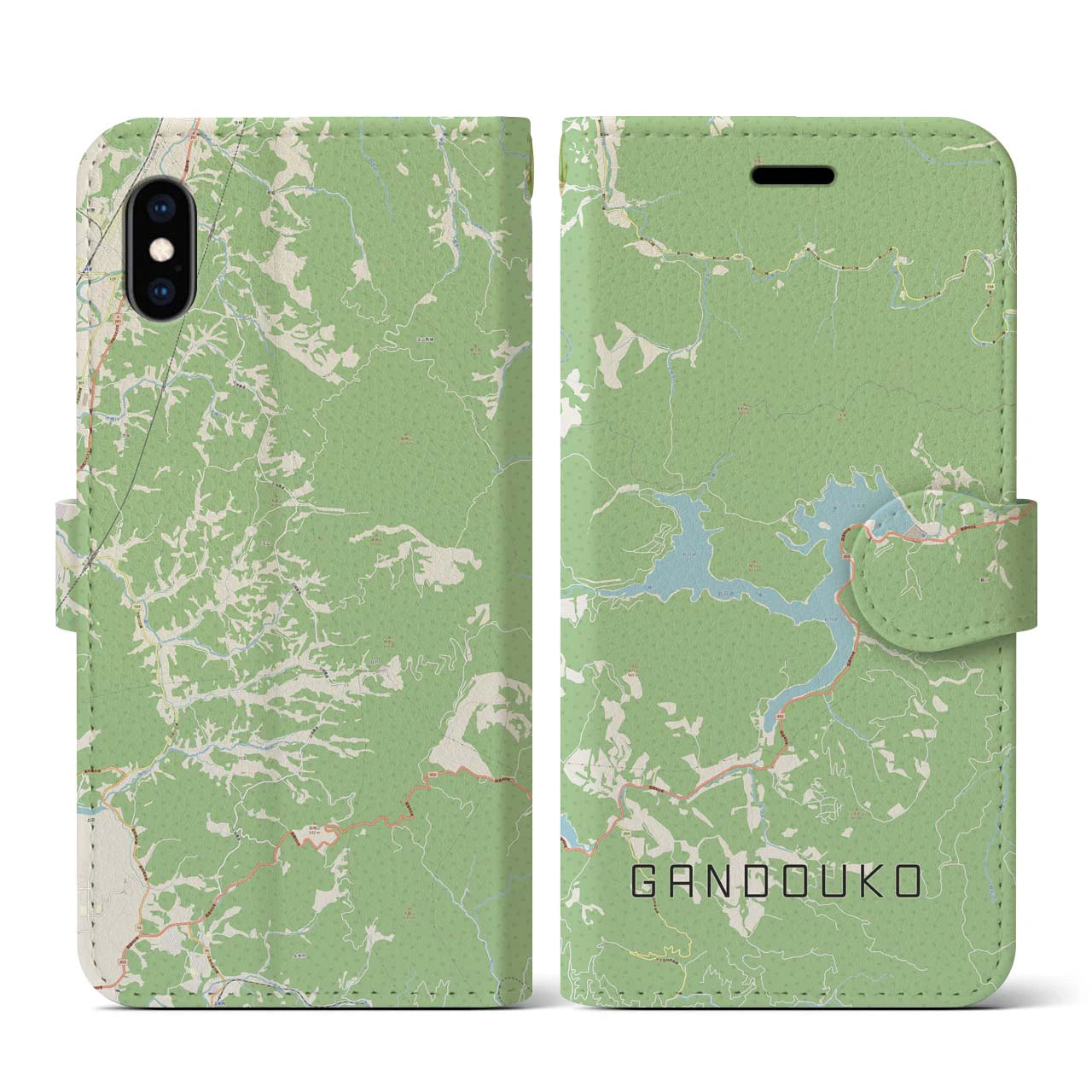 【岩洞湖】地図柄iPhoneケース（手帳両面タイプ・ナチュラル）iPhone XS / X 用