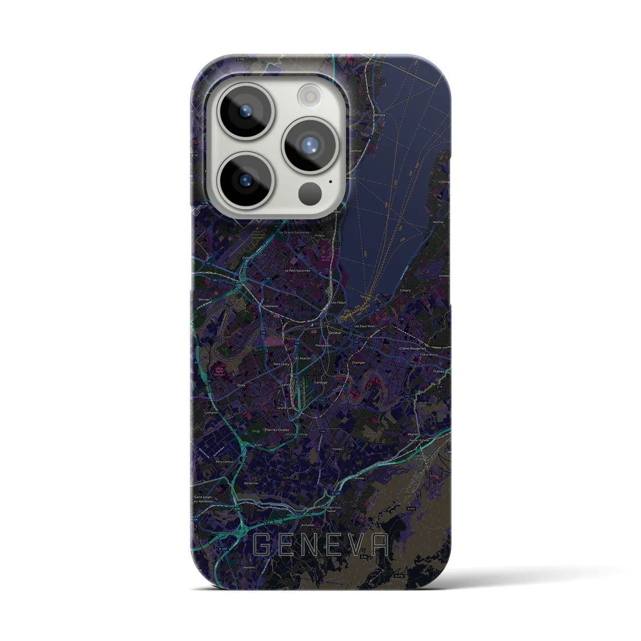 【ジュネーヴ】地図柄iPhoneケース（バックカバータイプ・ブラック）iPhone 15 Pro 用