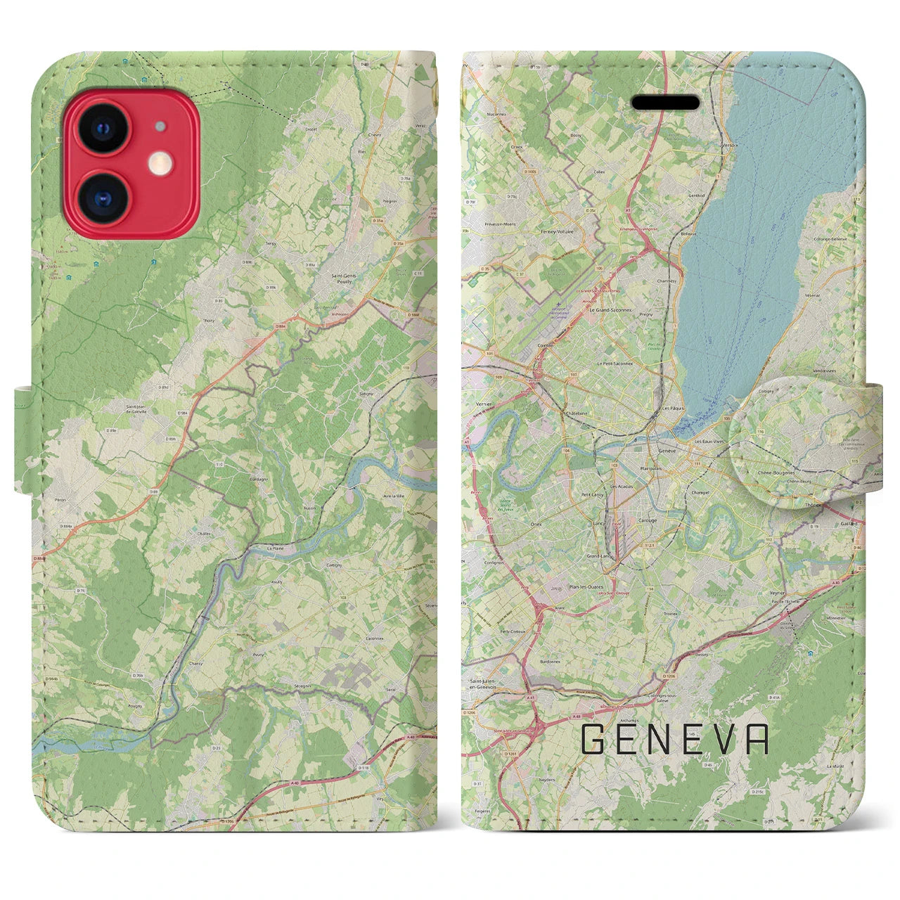 【ジュネーヴ】地図柄iPhoneケース（手帳両面タイプ・ナチュラル）iPhone 11 用